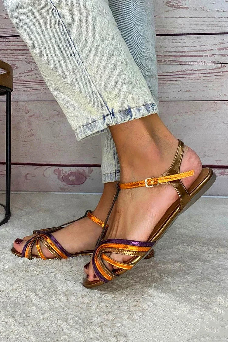 NERINA | Lage multi-band sandalen met elegante metallic details