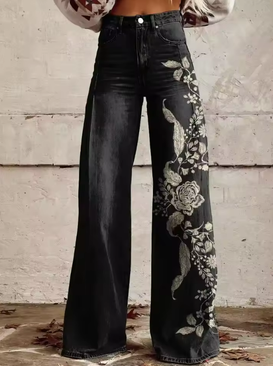 Marla | Noir Bloom Wijde Broek met Borduursel