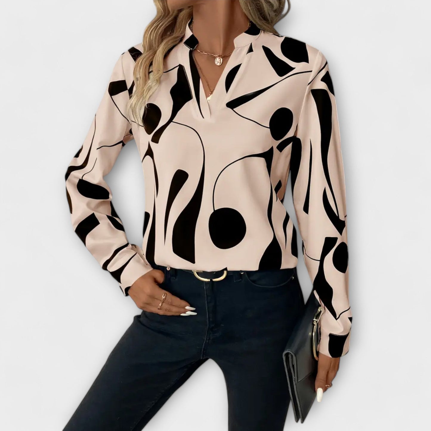 Elegante blouse met lange mouwen en V-hals in geometrisch patroon
