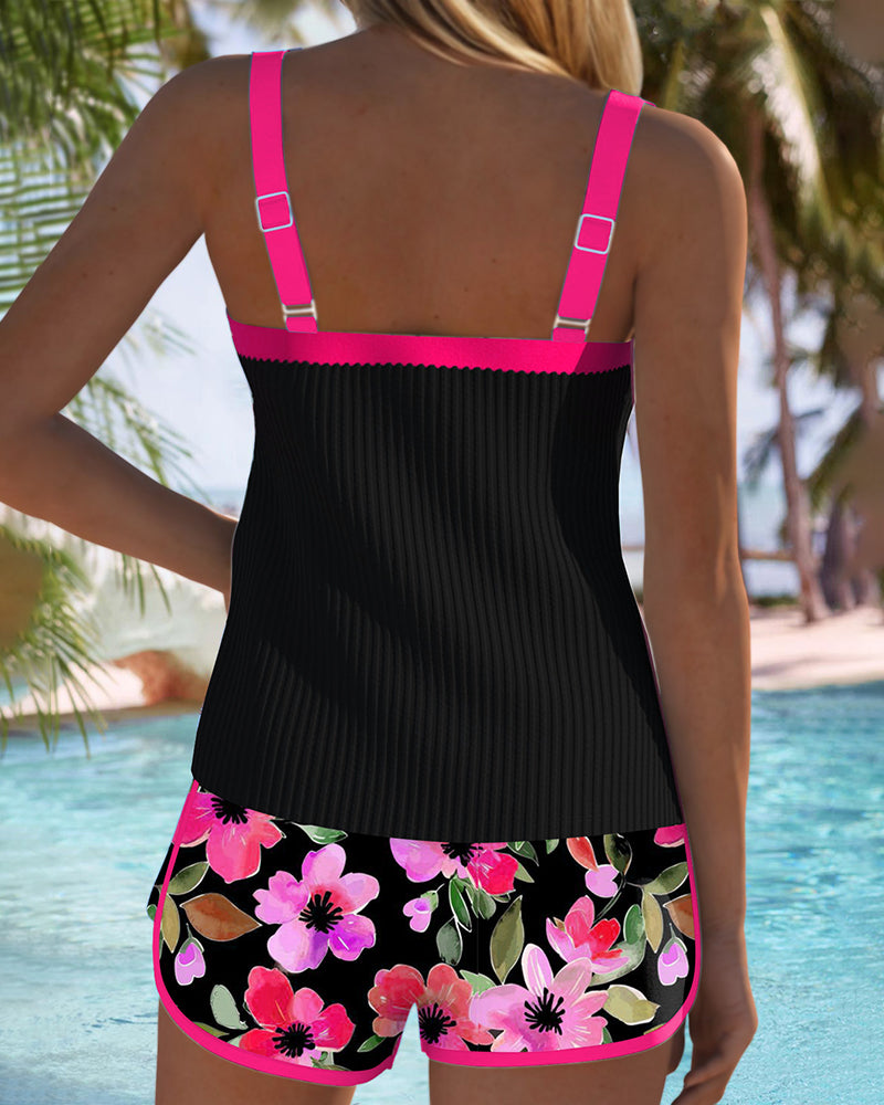 Lenny | Zwarte Bloemen Tankini met Strandshorts