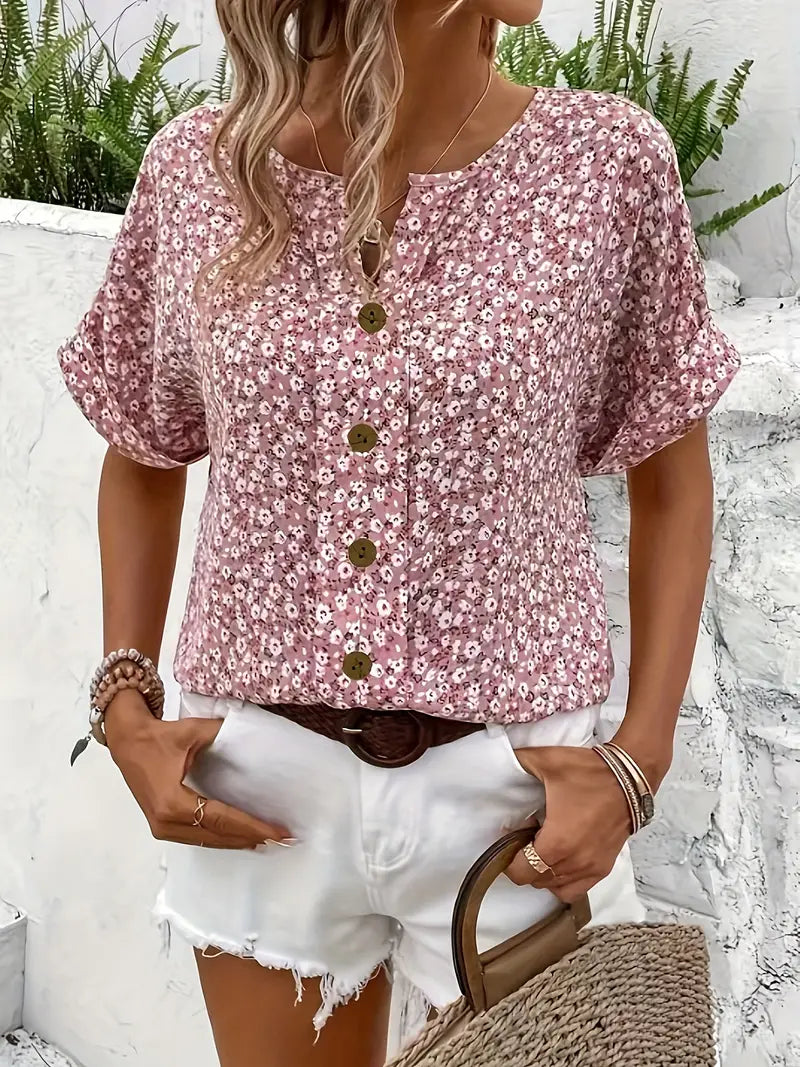 Cindy™ | Bloemenprint Blouse met Geplooide Kraag