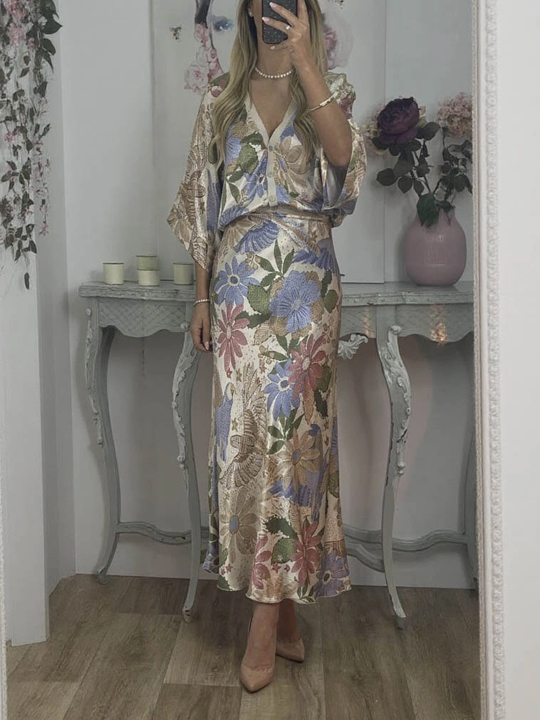 Exquise Satijnen Bloemenprint Off-shoulder Shirt
