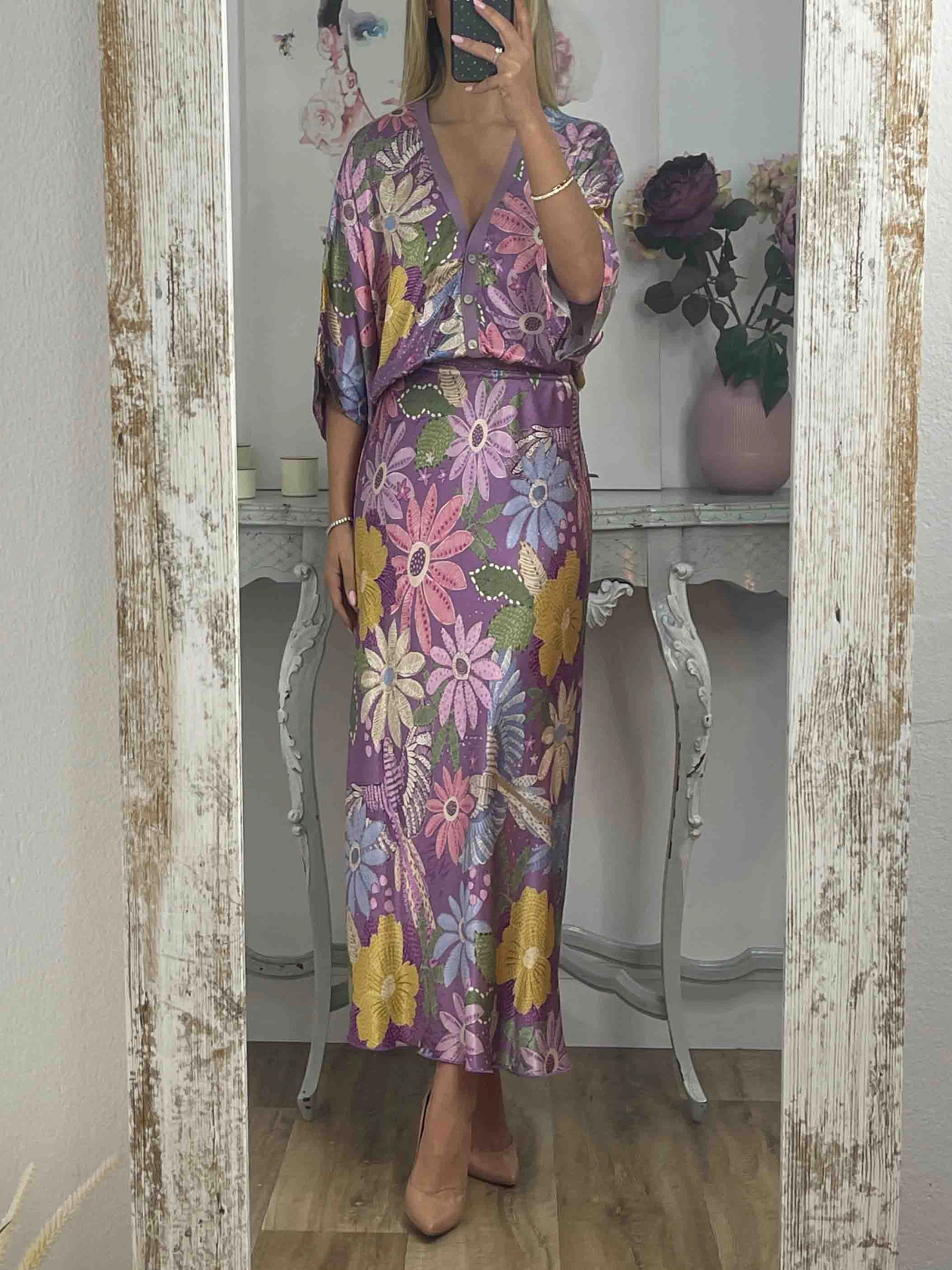 Exquise Satijnen Bloemenprint Off-shoulder Shirt