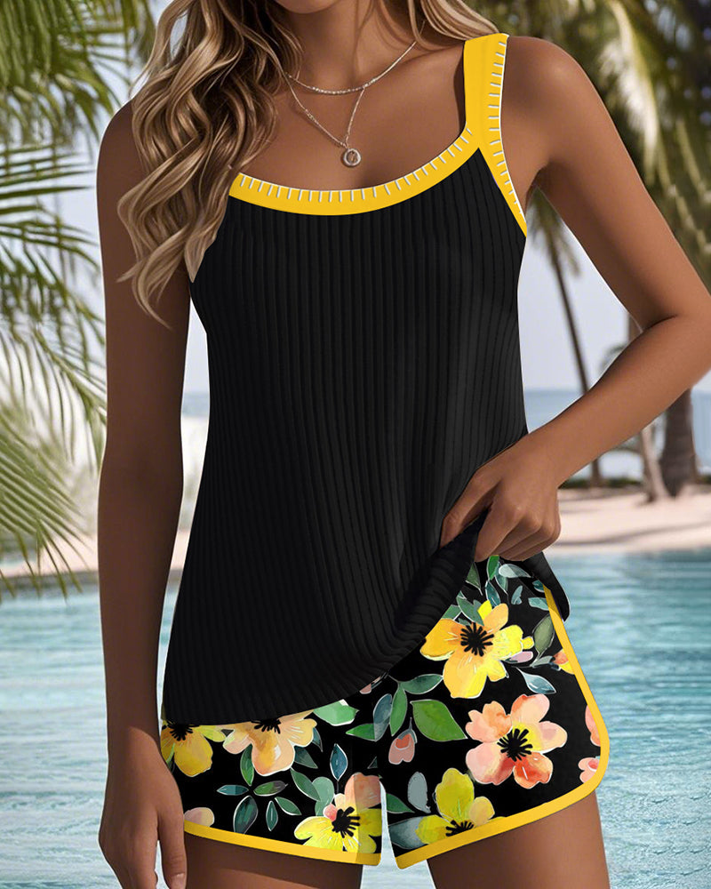Lenny | Zwarte Bloemen Tankini met Strandshorts