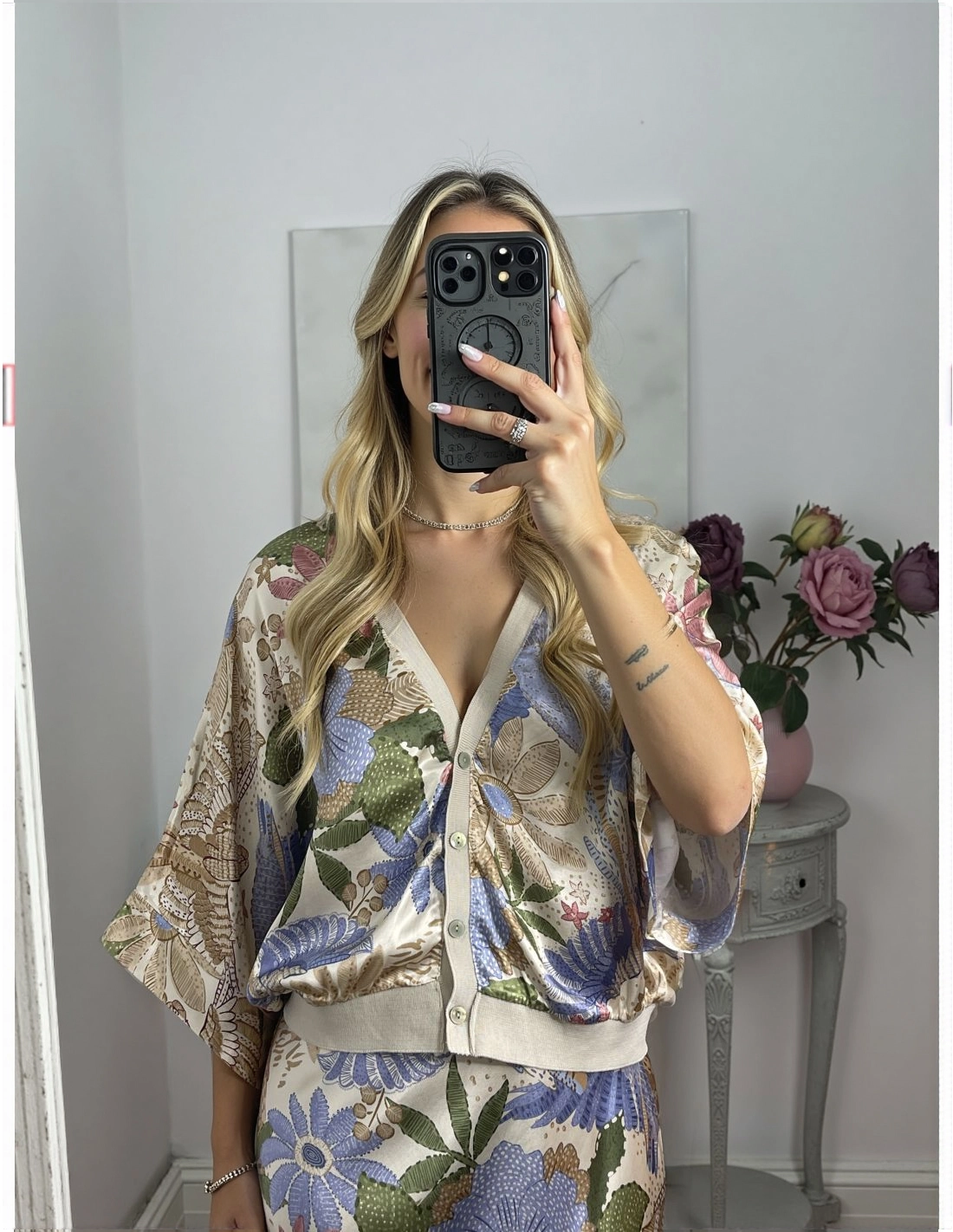 Exquise Satijnen Bloemenprint Off-shoulder Shirt