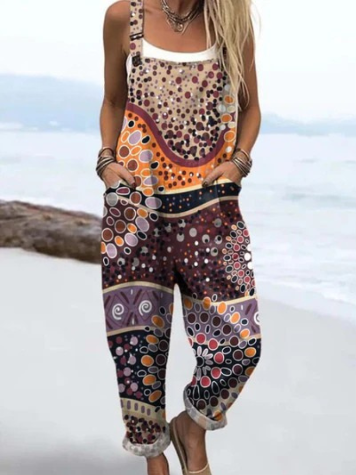 LW | Jumpsuit met geometrisch patroon en kunstdruk voor vrouwen, vintage, wijde benen