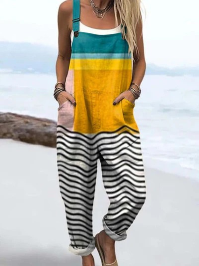 LW | Abstract, geometrisch kunstpatroon jumpsuit met wijde benen voor vrouwen