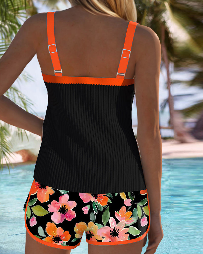 Lenny | Zwarte Bloemen Tankini met Strandshorts