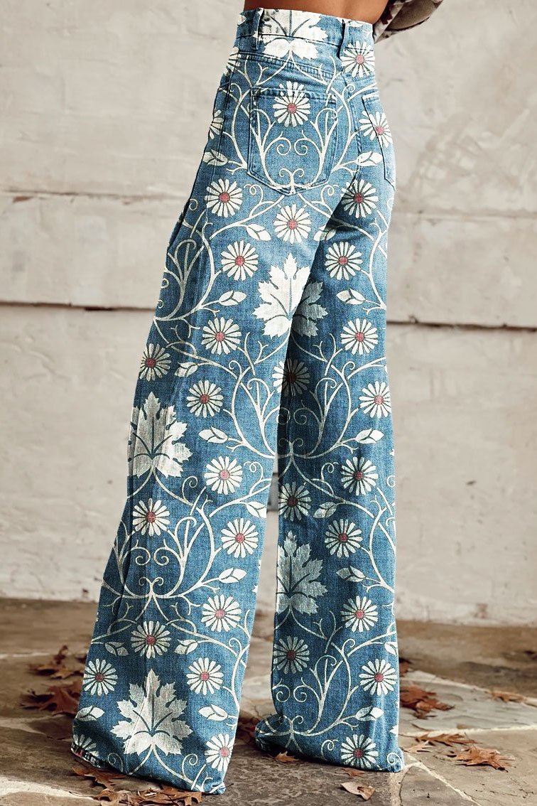 Elodie | Vintage Daisy Bloom Wide-Leg Broek