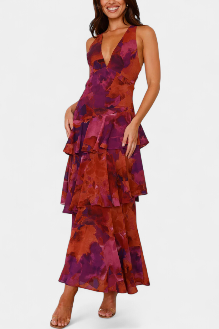 Domenica Gelaagde Chiffon Jurk met V-hals