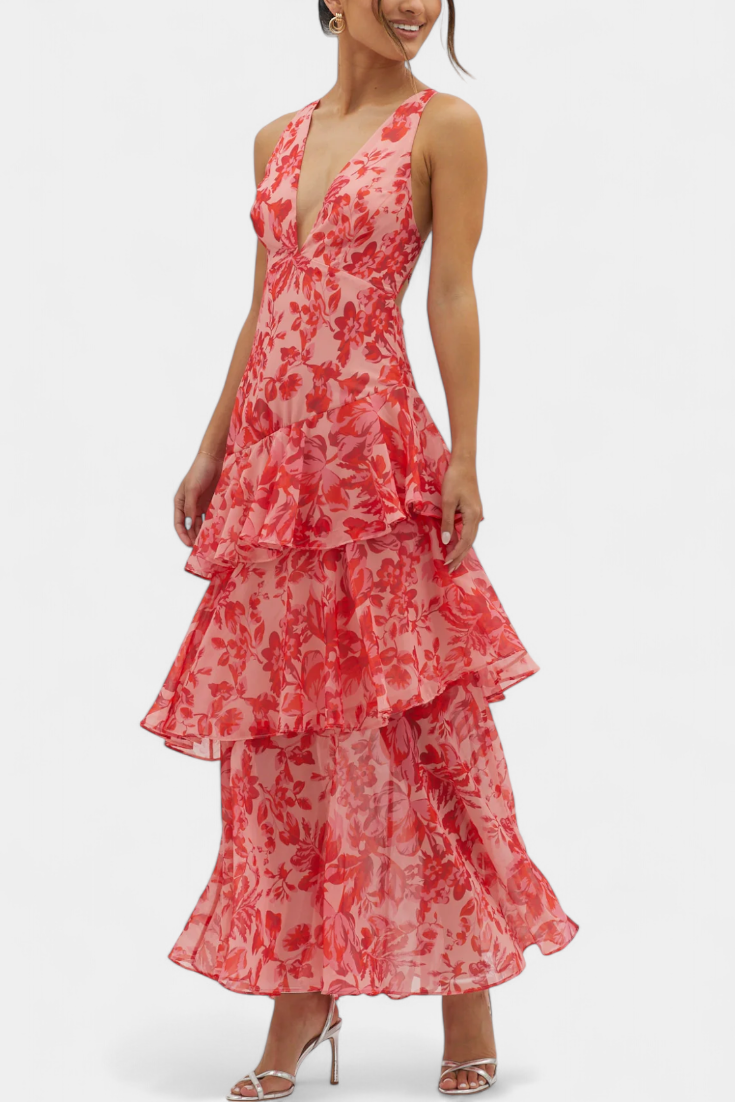 Domenica Gelaagde Chiffon Jurk met V-hals