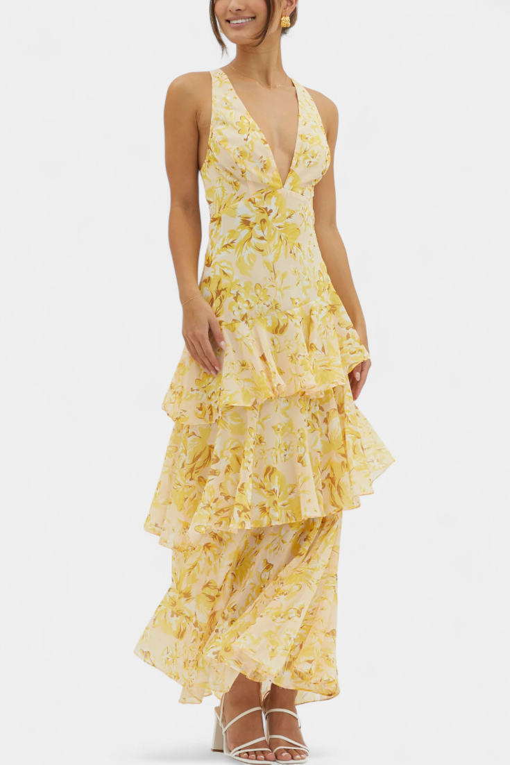 Domenica Gelaagde Chiffon Jurk met V-hals