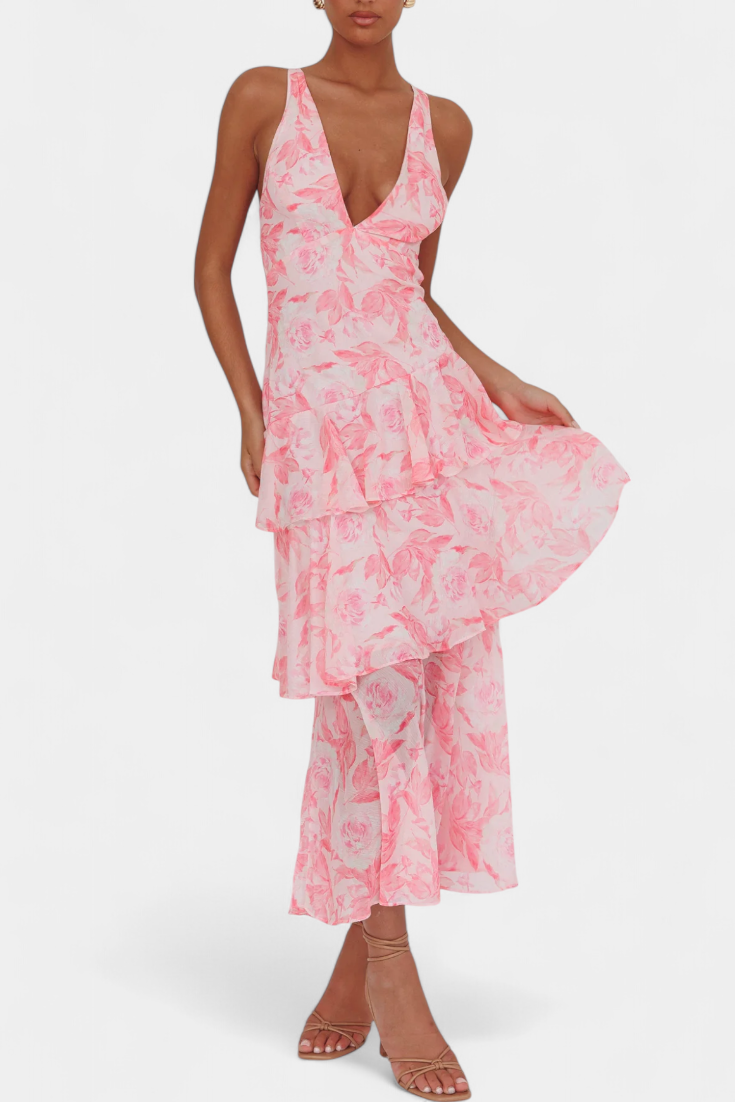 Domenica Gelaagde Chiffon Jurk met V-hals