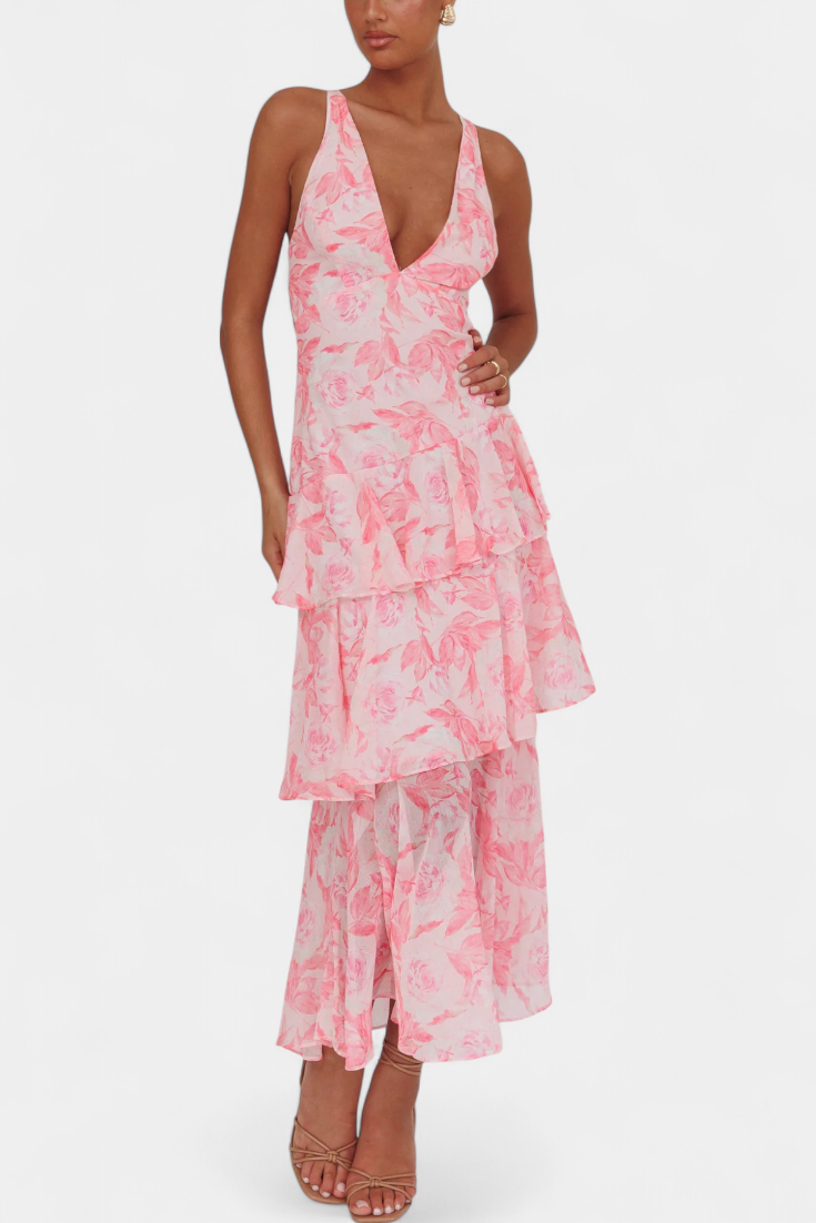 Domenica Gelaagde Chiffon Jurk met V-hals