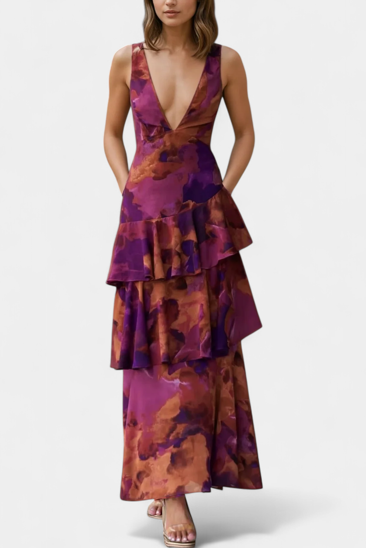 Domenica Gelaagde Chiffon Jurk met V-hals