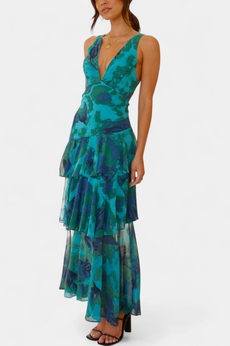 Domenica Gelaagde Chiffon Jurk met V-hals