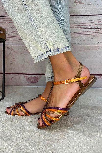 NERINA | Lage multi-band sandalen met elegante metallic details
