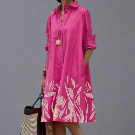 Xyla – Elegante midi-jurk met omgeslagen kraag en lange mouwen
