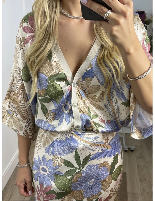 Exquise Satijnen Bloemenprint Off-shoulder Shirt