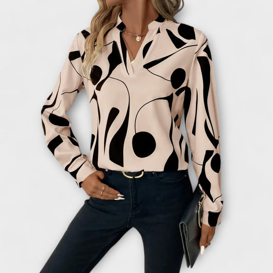 Elegante blouse met lange mouwen en V-hals in geometrisch patroon