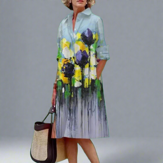Rumi Dames midi-jurk met revers, lange mouwen en gekreukelde bloemenprint