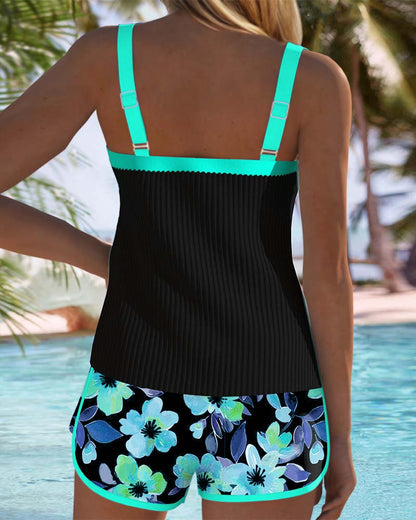 Lenny | Zwarte Bloemen Tankini met Strandshorts
