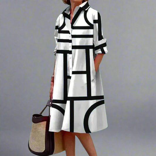 Elowen - Elegante Midi-jurk met Geometrische Strepen