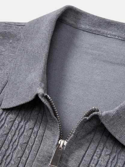 Twisted Jacquard Knit Zip Polo Shirt