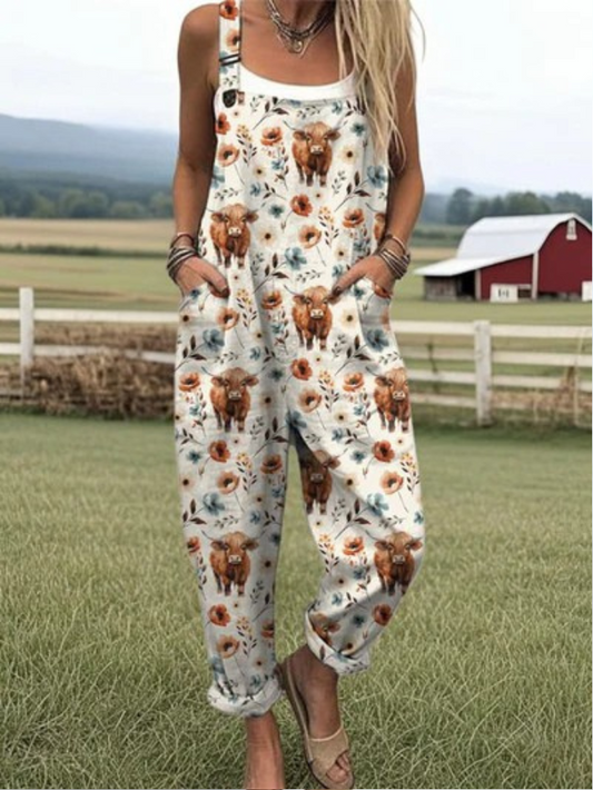 LW | Jumpsuit met Highland Cow-print en wijde benen voor dames