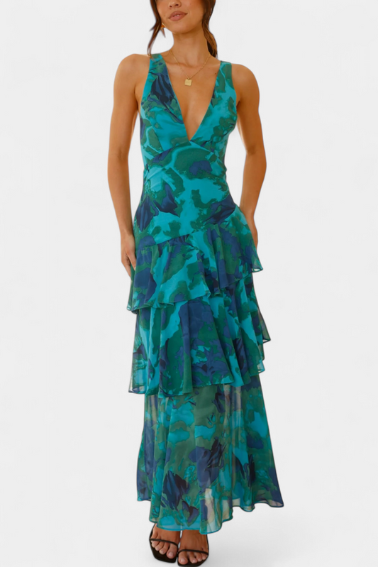 Domenica Gelaagde Chiffon Jurk met V-hals