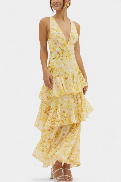 Domenica Gelaagde Chiffon Jurk met V-hals