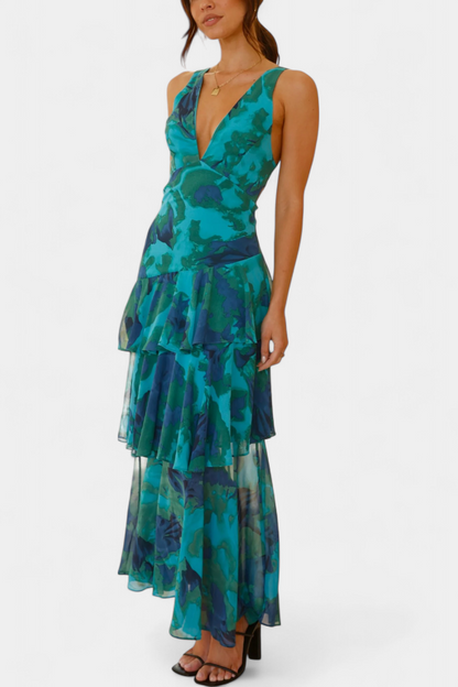 Domenica Gelaagde Chiffon Jurk met V-hals